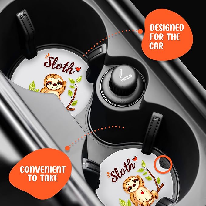 2 Pack Sloth Car Cup Holder Coaster, Cute Car Interior Accessories Drink Coaster for Women & Men, Sloth Lovers Themed Gifts Stuff Accessories Things Merchandise Items!