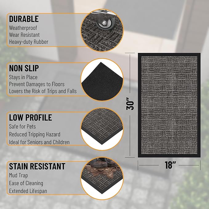 Ottomanson Heavy Duty Rubber Floor Mat – Non-Slip, Waterproof, Easy to Clean – Utility Rug for Entryway, Kitchen, Garage, or Patio – Stain Resistant, Hose Washable – 18" x 30", Charcoal
