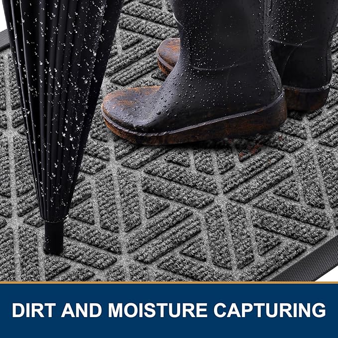 Smiry Front Door Mat Outside Entrance, Heavy Duty Sturdy Natural Rubber Doormat, Trap Dirt and Moisture, Easy Clean Low Profile Mats for Indoor Outdoor Entry, Grid Geometric (36x24, Silver Grey)