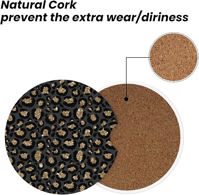 Absorbent Car Coasters for Cup Holders, 2 Pack Universal Anti Slip Ceramic Cup Coaster for Women Men 2.56 Inch Car Interior Accessories - Black Gold Leopard 003