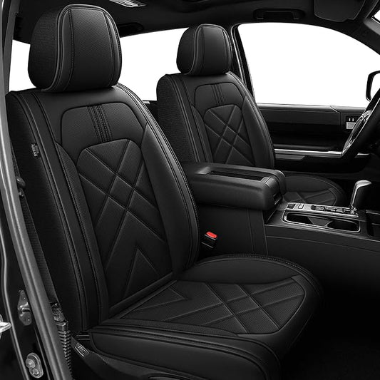 AOMSAZTO Seat Covers Custom Fit for 2014-2021 Toyota Tundra Crewmax Double Cab Breathable Leather Truck Car Front Seat Covers (Black)