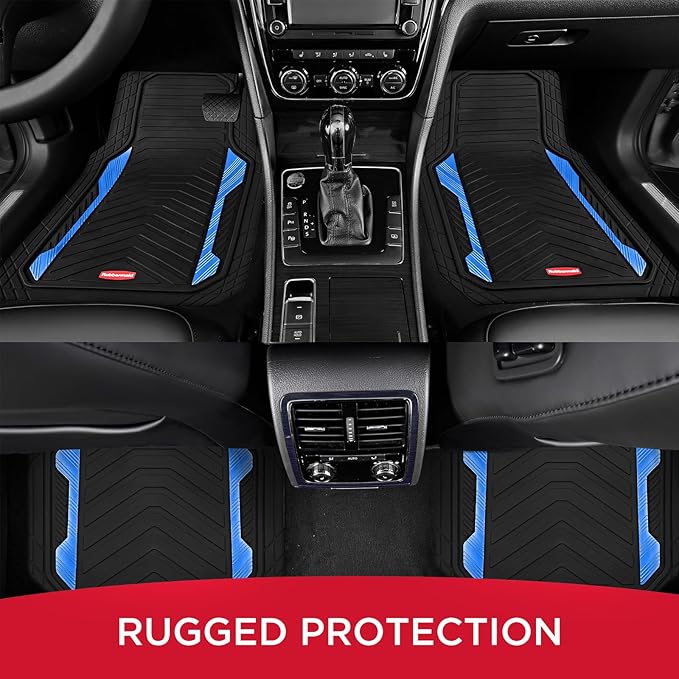 Rubbermaid Car Floor Mat, Heavy Duty All-Weather Car Mats Full Set with Dual-Tone Blue Aluminum Inserts – Universal Fit, Anti-Slip Backing, Trim-to-Fit for Most SUV, Sedan, Van