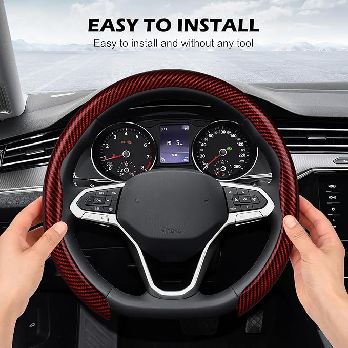 frani Leather Steering Wheel Cover, Universal 15 Inch Premium Non-Slip Steering Wheel Cover Red Carbon Fiber Texture