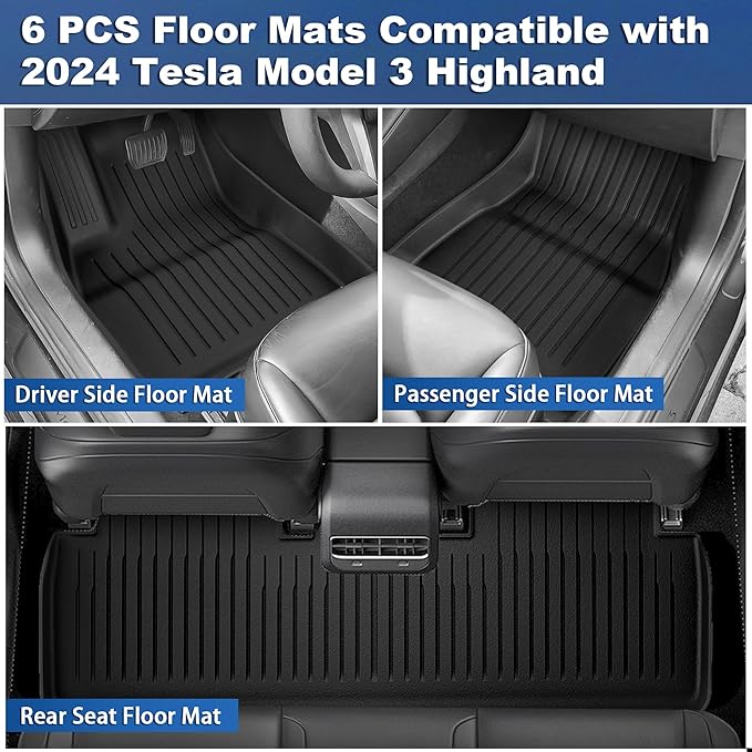Weize Floor Mats Fit for Tesla Model 3 Highland 2025 2024, TPE All Weather Cargo Liner Floor Mats and Cargo Trunk Mats Accessories Front Rear Cargo Mat Full Set
