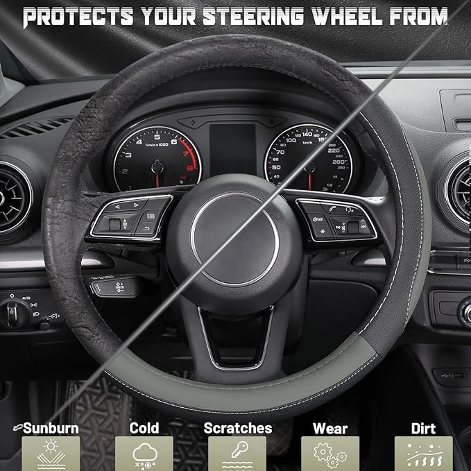 SEG Direct Car Steering Wheel Cover for Prius Civic Model 3 Model Y Camaro, Small Size 14-14.25 inch, Black and Gray Microfiber Leather