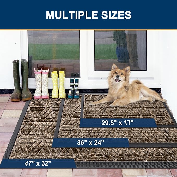Smiry Front Door Mat Outside Entrance, Heavy Duty Sturdy Natural Rubber Doormat, Trap Dirt and Moisture, Easy Clean Low Profile Mats for Indoor Outdoor Entry, Grid Geometric (29.5x17, Brown)