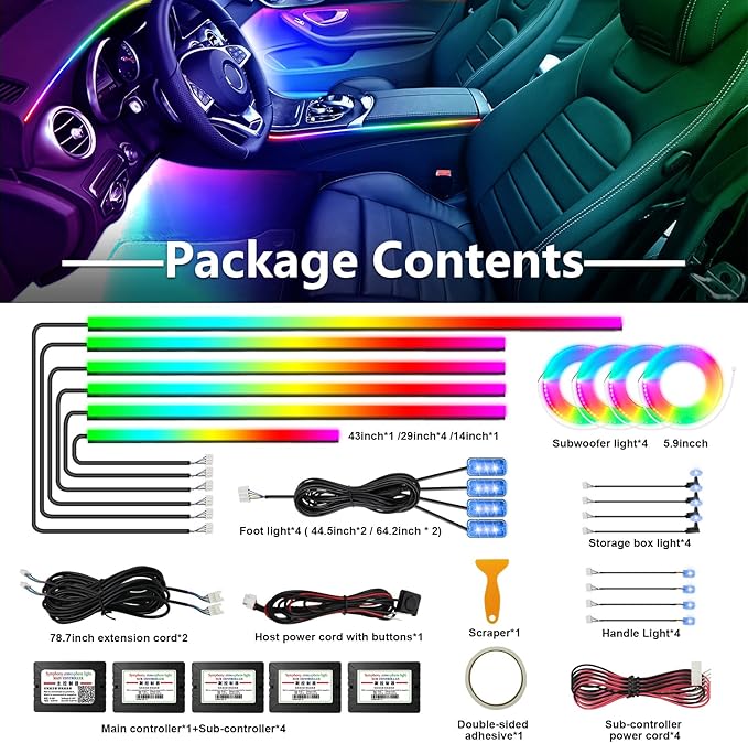 WEBUPAR Dreamcolor Acrylic Car Interior Led Kit, Car Accessories 22 in 1 RGB Car Ambient Lighting Kits with APP Control and 213 Color Modes, Multicolor RGBW Neon Car LED Strip Lights with Music Mode