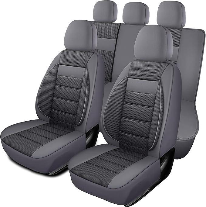 Leather 3D Foam Back Support Car Seat Covers Full Set Air Mesh Automotive Seat Covers, All Season Car Seat Cover Fit Automotive,SUV,Sedan,Van, Airbag Compatible Elegance (Grey)