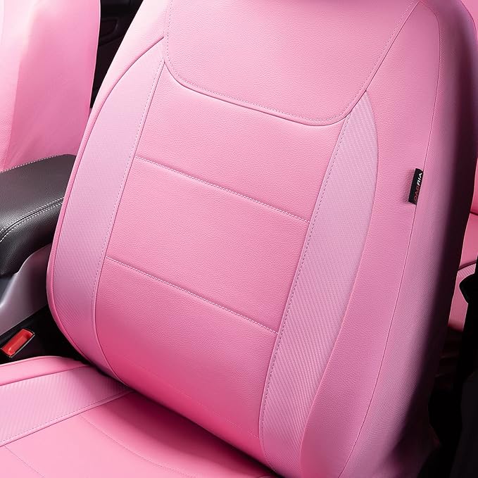 Flying Banner car seat Covers Protects Water Proof Faux Leather Carbon Fiber Fronts Rear Bench Covers (Pink Pink, Full Set - 8PCS)