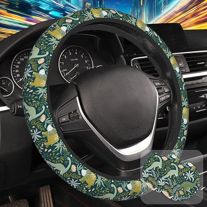 Dinosaurs and Tropical Leaves Steering Wheel Cover with 2 Pcs Car Coasters Neoprene Steering Wheel Cover for Women Men Anti-Slip Breathable Car Accessories Universal 15 Inch Fit Auto Cars Trucks