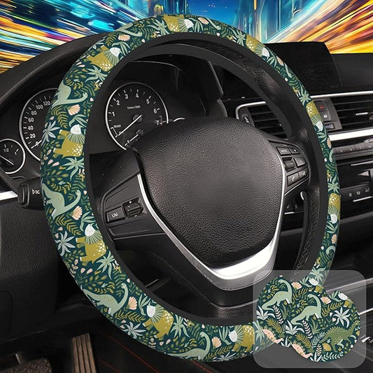 Dinosaurs and Tropical Leaves Steering Wheel Cover with 2 Pcs Car Coasters Neoprene Steering Wheel Cover for Women Men Anti-Slip Breathable Car Accessories Universal 15 Inch Fit Auto Cars Trucks