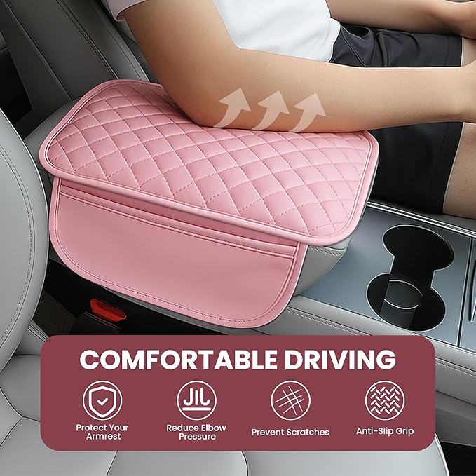 Upgraded Car Center Console Cover Pink,Microfiber Leather Car Armrest Cover Cushion with 2 Storage Bags,Universal Car Armrest Storage Box Car Interior Accessories for Most Vehicles (Pink)
