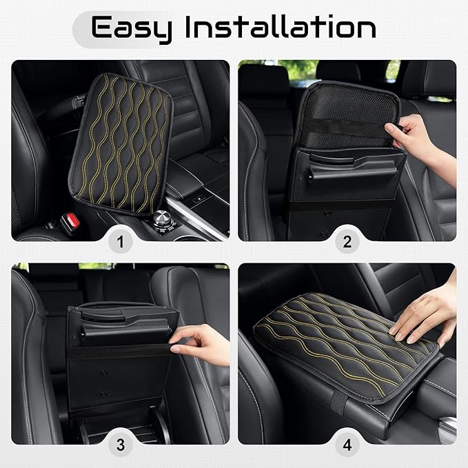 Amiss Auto Center Console Pad, Universal Waterproof Armrest Seat Box Cover, Car Interior Accessories, Leather Auto Armrest Cover Protector for Most Vehicle, SUV, Truck (Yellow-Line)