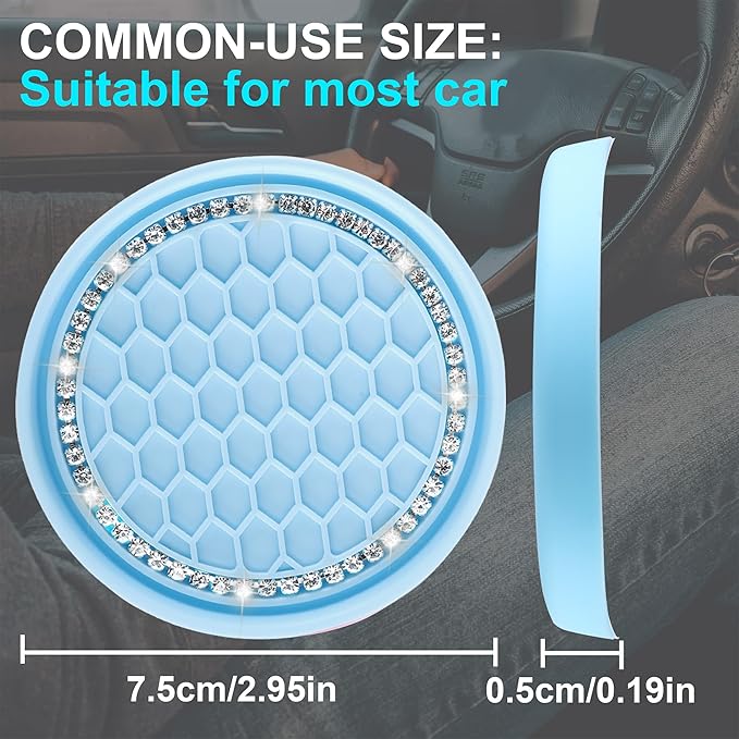Amooca Car Cup Coaster 4 Pack Universal Non-Slip Cup Holders Insert Coasters Bling Crystal Rhinestone Car Interior Accessories Blue Grid