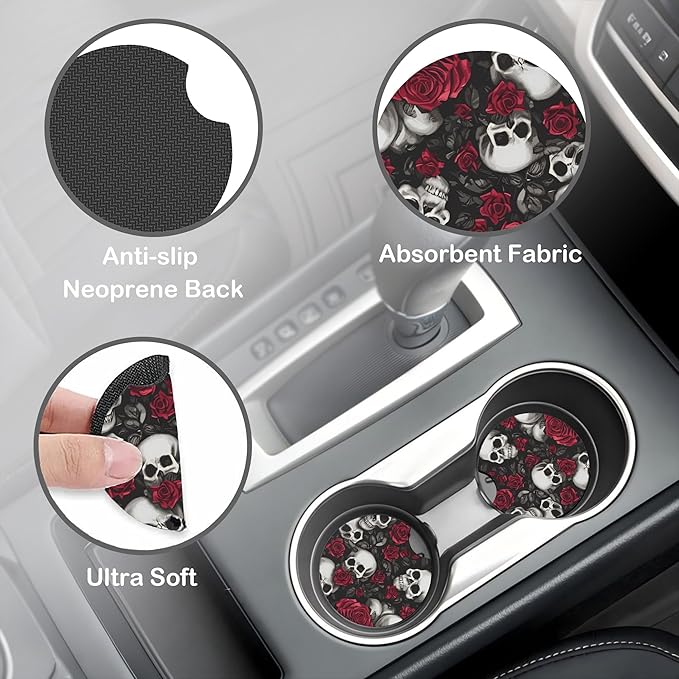 Skull and Rose Steering Wheel Cover for Women, Anti-Slip Car Steering Wheel Cover with 2 Pcs Cup Holders Neoprene Breathable Car Accessories Universal 15 Inch Auto Interior Decor