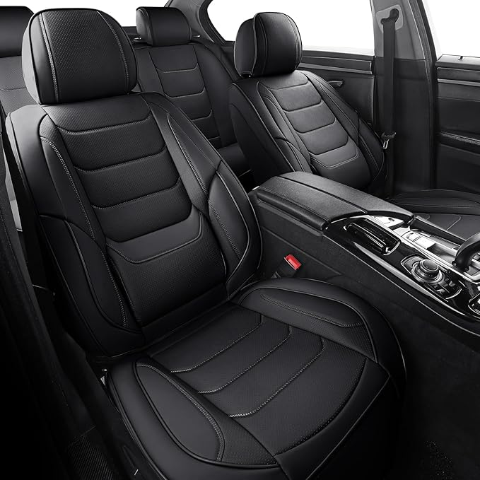 Leather Car Seat Covers Full Set Breathable Automotive Seat Covers Waterproof Seat Protectors Universal Fit for Most Automotive Cars SUV Trucks(Black, Full Set)