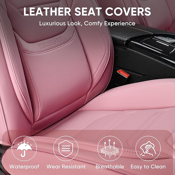 Pink Car Seat Covers Front Pair, Breathable Leather Automotive Front Seat Covers & Headrest, Auto Seat Cover, Compatible with Most Cars Sedans SUV Pickup Trucks