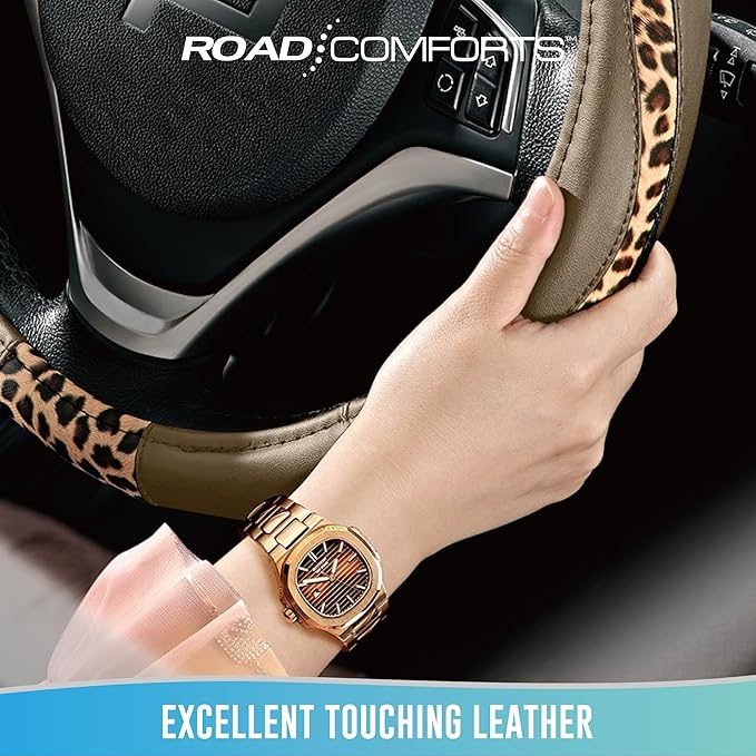 Road Comforts Steering Wheel Cover - Made with PVC Leather and Leopard Fabric - Universal 14 1/2 inches to 15 inches for Most Automotive Steering Wheel - Cheetah Print -Beige