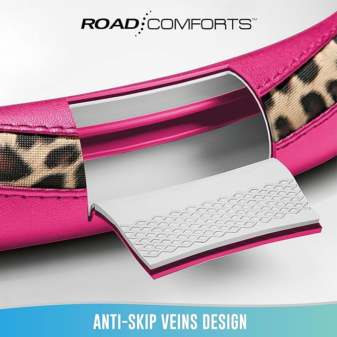 Road Comforts Steering Wheel Cover - Made with PVC Leather and Leopard Fabric - Universal 14 1/2 inches to 15 inches for Most Automotive Steering Wheel - Cheetah Print -Hot Pink