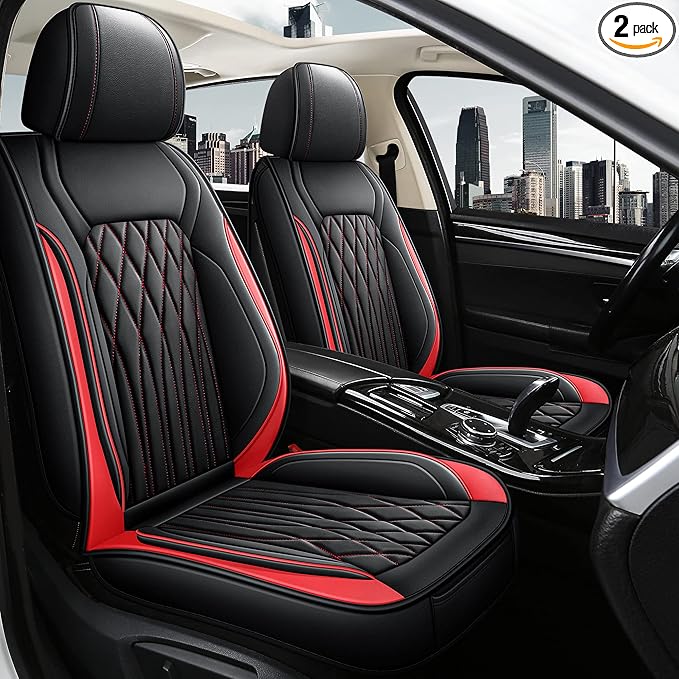 Pariitadin Leather Car Seat Covers Front Pair, Waterproof Faux Leather Seat Covers for Cars, Non-Slip Car Interior Covers Universal Fit for Most Cars Sedans Trucks SUVs, Black/Red Line