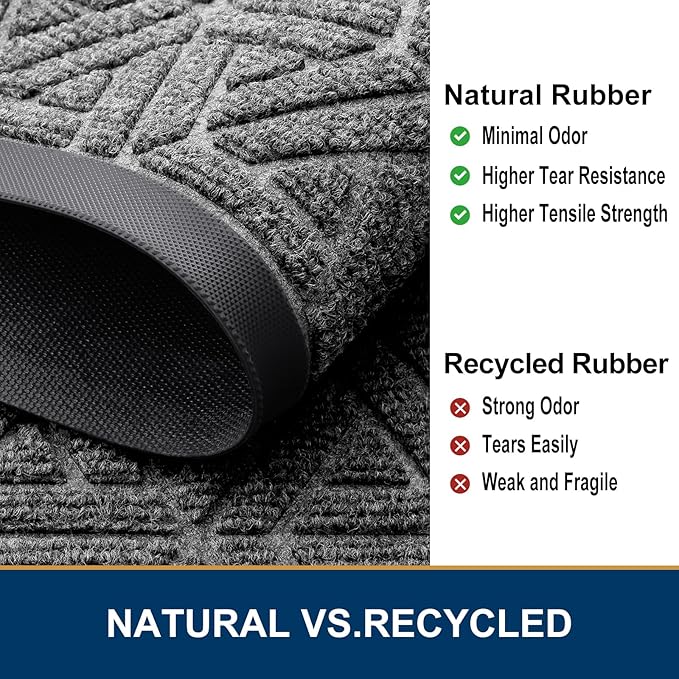 Smiry Front Door Mat Outside Entrance, Heavy Duty Sturdy Natural Rubber Doormat, Trap Dirt and Moisture, Easy Clean Low Profile Mats for Indoor Outdoor Entry, Grid Geometric (36x24, Silver Grey)