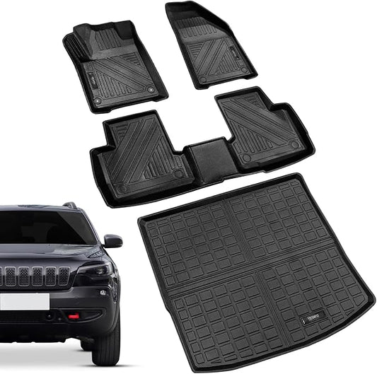 Vanseno Car Floor mats and Cargo Liners Set Black Compatible for 2014-2023 Jeep Cherokee 2Row Floor Mat & Trunk Mats All Weather Rubber Mats Liner (Not Fit Grand Cherokee&No Latittude)