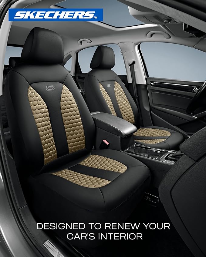 Skechers Memory Foam™ Car Seat Cover Full Sets, Hexcomb Breathable Thick Seat Covers, Airbag Compatible, Automotive Comfort & Protection for Most Cars,Van,Trucks, SUVs (Beige,Full Set)