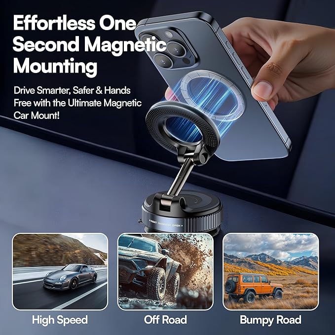 2026 Model Magnetic Car Phone Holder – Strong Suction Cup Car Mount for iPhone & Android, 360° Rotating Dashboard & Windshield Phone Stand, Cell Phone Holder Car Accessories (Black)