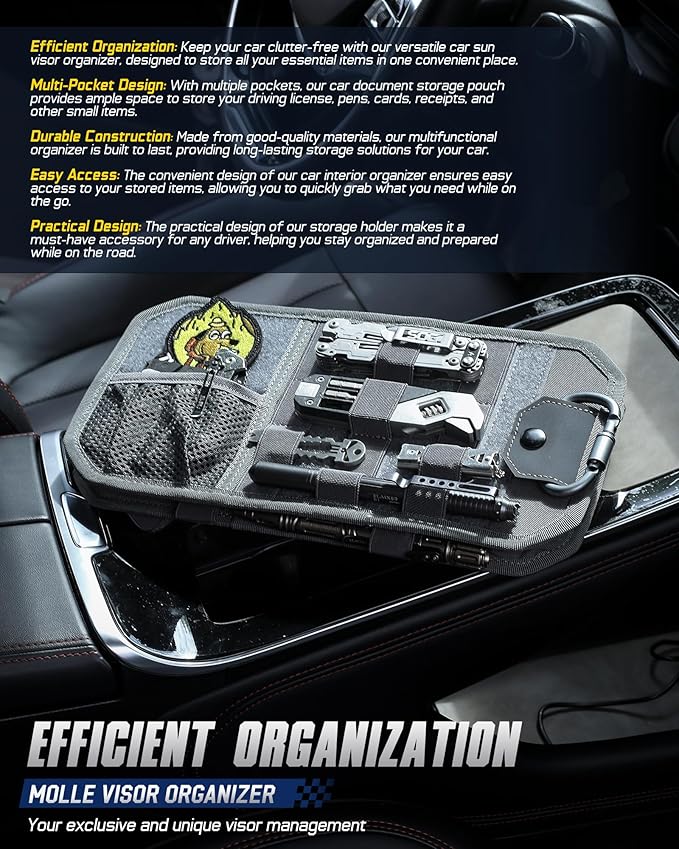 WYNEX Molle Car Sun Visor Organizer, Original Design Car Accessories with Zipper Visor Storage Pouch & Glasses Clip, Semi-Rigid Molle Panel for Tactical Gears, Fits Most Vehicles, SUVs, Trucks