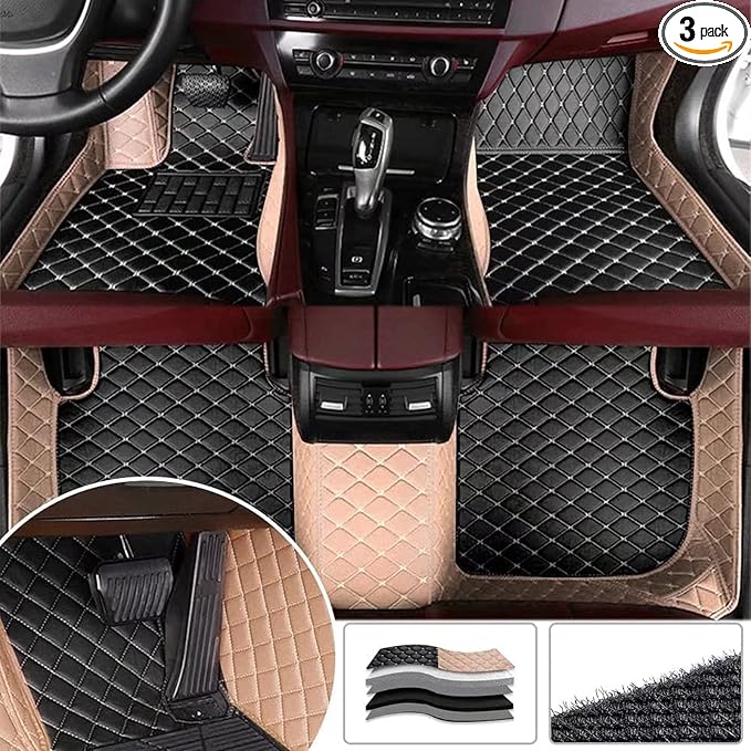 YaruicarCustom Car Floor Mats for 99.99% Sedan SUV Sports Car Men Women Protection Full Coverage Pads Anti-Slip Leather Floor Lining All Weather Car Floor Mats (Beige Black)