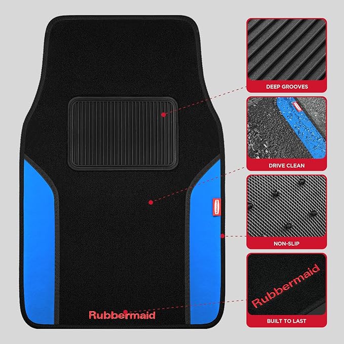 Rubbermaid Car Mats, Carpeted Floor Car Mat with Faux Leather & Built-in Heel Pad, Two-Tone Car Rug Floor Mats, Stylish Carpeted Floor Mats for Cars, Trucks & SUVs Blue Color