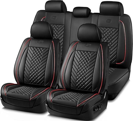 Skechers MAX Cushioning Car Seat Covers,Memory Foam Piping Leather Seat Covers,Waterproof Car Seat Protector Full Set,Car Seat Cushion Airbag Universal Fit for Most Cars,Vans,Trucks,SUV,Red
