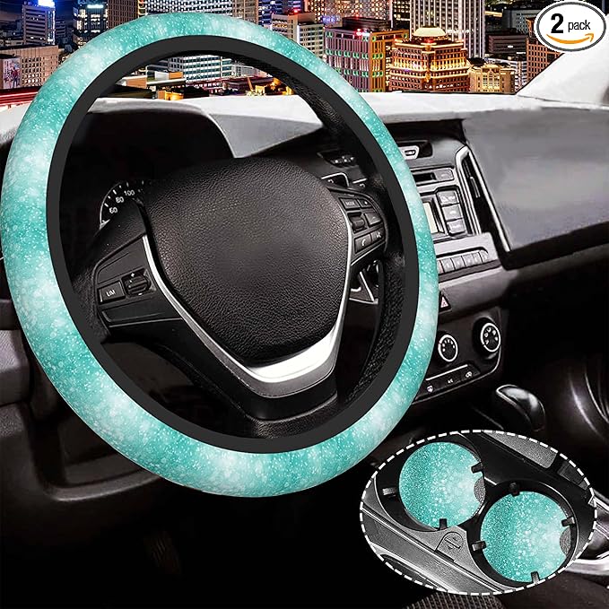 Teal Turquoise Green Glitter Bling Steering Wheel Cover for Women Men,Anti-Slip Breathable Car Steering Wheel Cover Elastic Protection with 2 Pieces Car Coasters,Universal 15" Fit Auto,Suvs,Truck