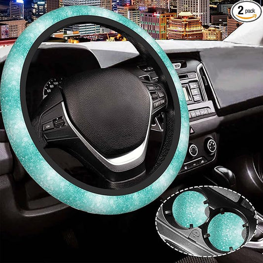 Teal Turquoise Green Glitter Bling Steering Wheel Cover for Women Men,Anti-Slip Breathable Car Steering Wheel Cover Elastic Protection with 2 Pieces Car Coasters,Universal 15" Fit Auto,Suvs,Truck