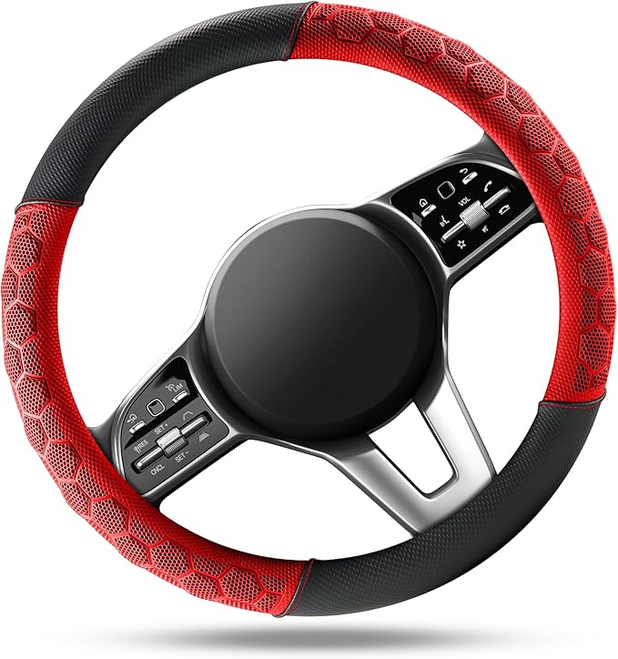PIC AUTO Massage Steering Wheel Cover, Red Football Pattern Material Spliced Leather Car Steering Wheel Protector, Car Interior Accessories, Universal Fit 14.5"-15.5" for Cars, Trucks, Van, SUV