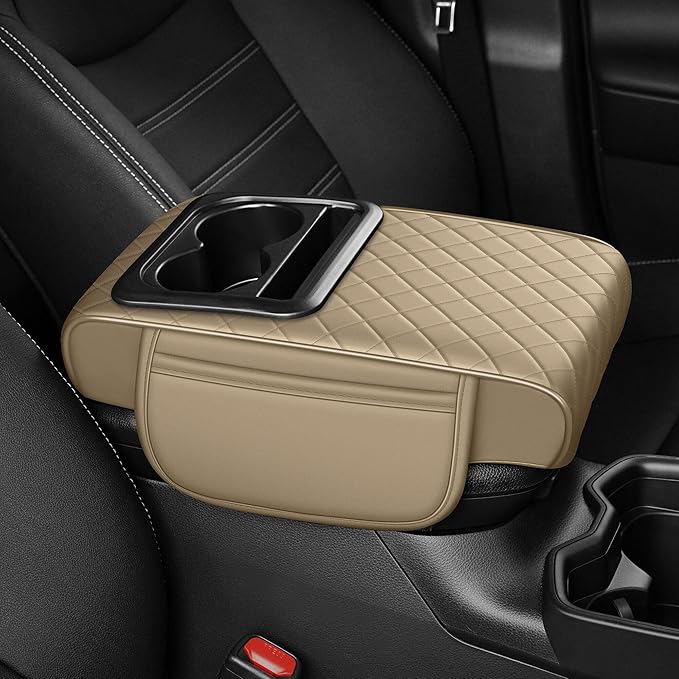 YORKNEIC Upgraded Car Center Console Cover with Cup Holder 2 Storage Bags - Faux Leather Arm Rest Cover Fit for Ford Escape,Middle Console Cover Multi-Functional Car armrest Cushion(Beige)