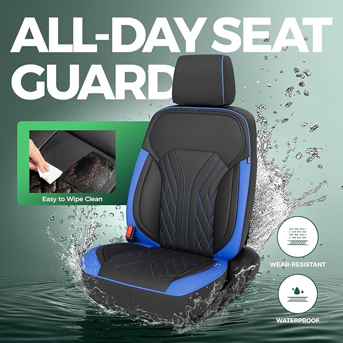 for Chevy Silverado GMC Sierra Waterproof Seat Covers, Crew Cab 1500 2014-2018, 2500HD 3500 HD 2015-2019, Truck Protectors Accessories Full Set, Black Blue