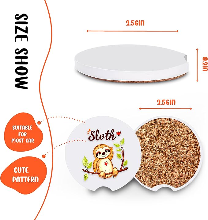 2 Pack Sloth Car Cup Holder Coaster, Cute Car Interior Accessories Drink Coaster for Women & Men, Sloth Lovers Themed Gifts Stuff Accessories Things Merchandise Items!