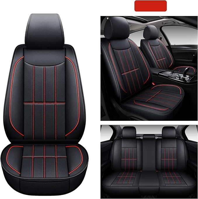 AOOG Leather Car Seat Covers, Leatherette Automotive Vehicle Cushion Cover for Cars SUV Pick-up Truck, Universal Non-Slip Vehicle Cushion Cover Waterproof, Full Set