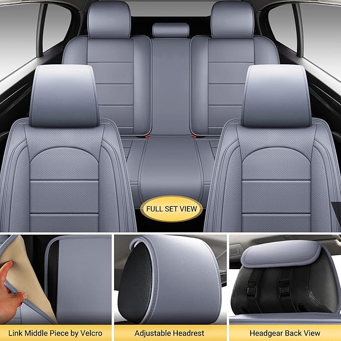 AOOG Leather Car Seat Covers with Car Backseat Organizer, Universal fit Automotive Vehicle Most Sedan SUV Pick-up Truck (Full Set, Grey)
