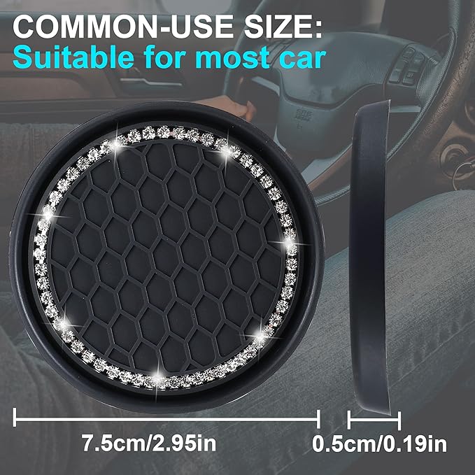 Amooca Car Cup Coaster 4 Pack Universal Non-Slip Cup Holders Insert Coasters Bling Crystal Rhinestone Car Interior Accessories Black Grid