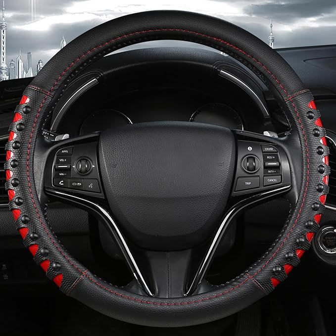 West Llama Microfiber Leather Car Steering Wheel Cover for Men Women,Universal Fit 15.5-16 inchs(Leather Nails-Red+Black-Large Size)