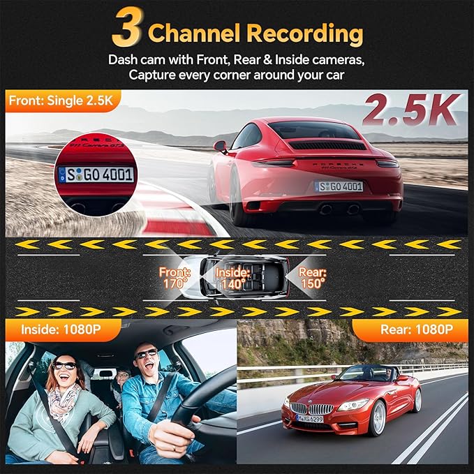 3 Channel 4K Dash Cam Front Rear and Inside with 5G WiFi & APP Control, 4K/2.5K+1080P+1080P Dashcam for Car, Dash Camera with 64GB Card, 24H Parking Monitor, Night Vision, Loop Recording, G-Sensor
