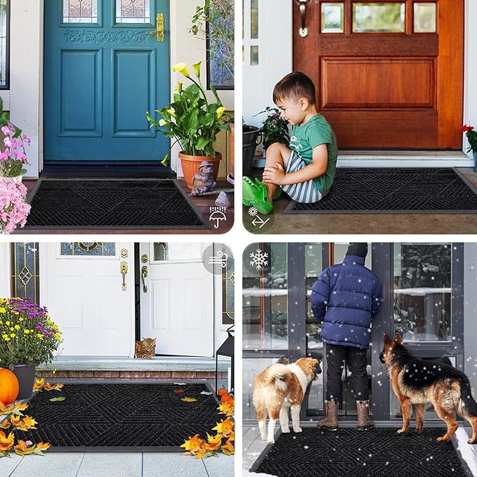 Smiry Front Door Mat Outside Entrance, Heavy Duty Sturdy Natural Rubber Doormat, Trap Dirt and Moisture, Easy Clean Low Profile Mats for Indoor Outdoor Entry, Irregular Triangle (47x17, Black)