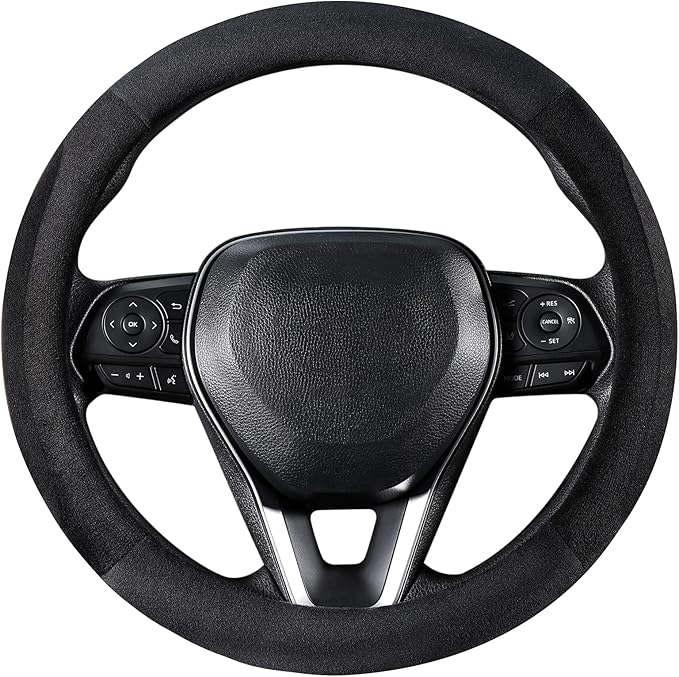 SEG Direct Car Steering Wheel Cover for Prius Civic Model 3 Model Y Camaro, Small Size 14-14.25 inch, Warm Plush, Summer Winter, Black