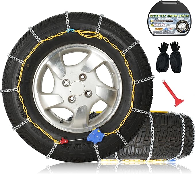 Auto Fixing Snow Chains, 2 x 12 mm, 30s Quick Installation of Tire Chains with Automatic Tensioner, Universal Emergency Tire Traction Chain for Cars, Pickups, and SUVs (HLN 110)
