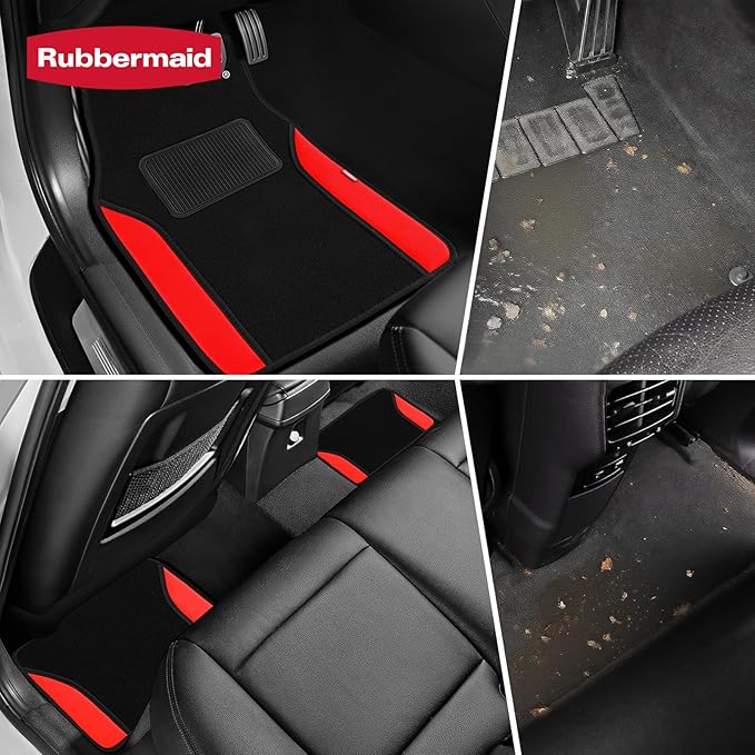 Rubbermaid Car Mats, Carpeted Floor Car Mat with Faux Leather & Built-in Heel Pad, Two-Tone Car Rug Floor Mats, Stylish Carpeted Floor Mats for Cars, Trucks & SUVs Red Color