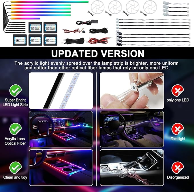 Dreamcolor Acrylic Interior Car LED Strip Light with Wireless APP, RGB 22 in 1 with 175 inches 600 LEDs Fiber Optic Car Ambient Lighting Kits, Dual Zone Sound Active Function LED Strip for Car