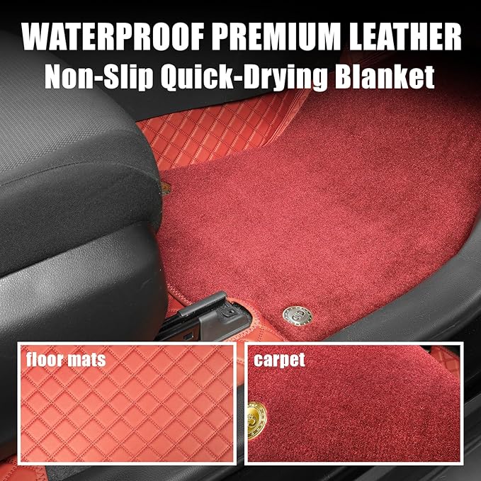 EKR Custom Floor Mats for Tesla Model 3 2017-2023, Front & 2nd Row Luxury Double Layer Car Floor Mat Liner Fit Model 3 2017 2018 2019 2020 2021 2022 2023 - Leatherette Plus Carpet (Burgundy)