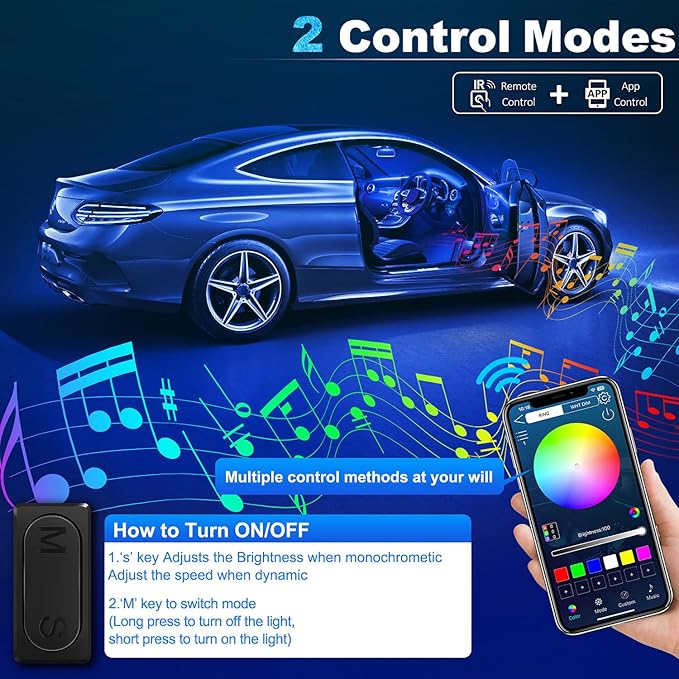 Acrylic Interior Car LED Strip Light with Wireless APP, RGB 6 in 1 with 175 inches 612 LEDs Fiber Optic Car Ambient Lighting Kits, Dynamic Music Sync Neon LED Strip Lights for Car